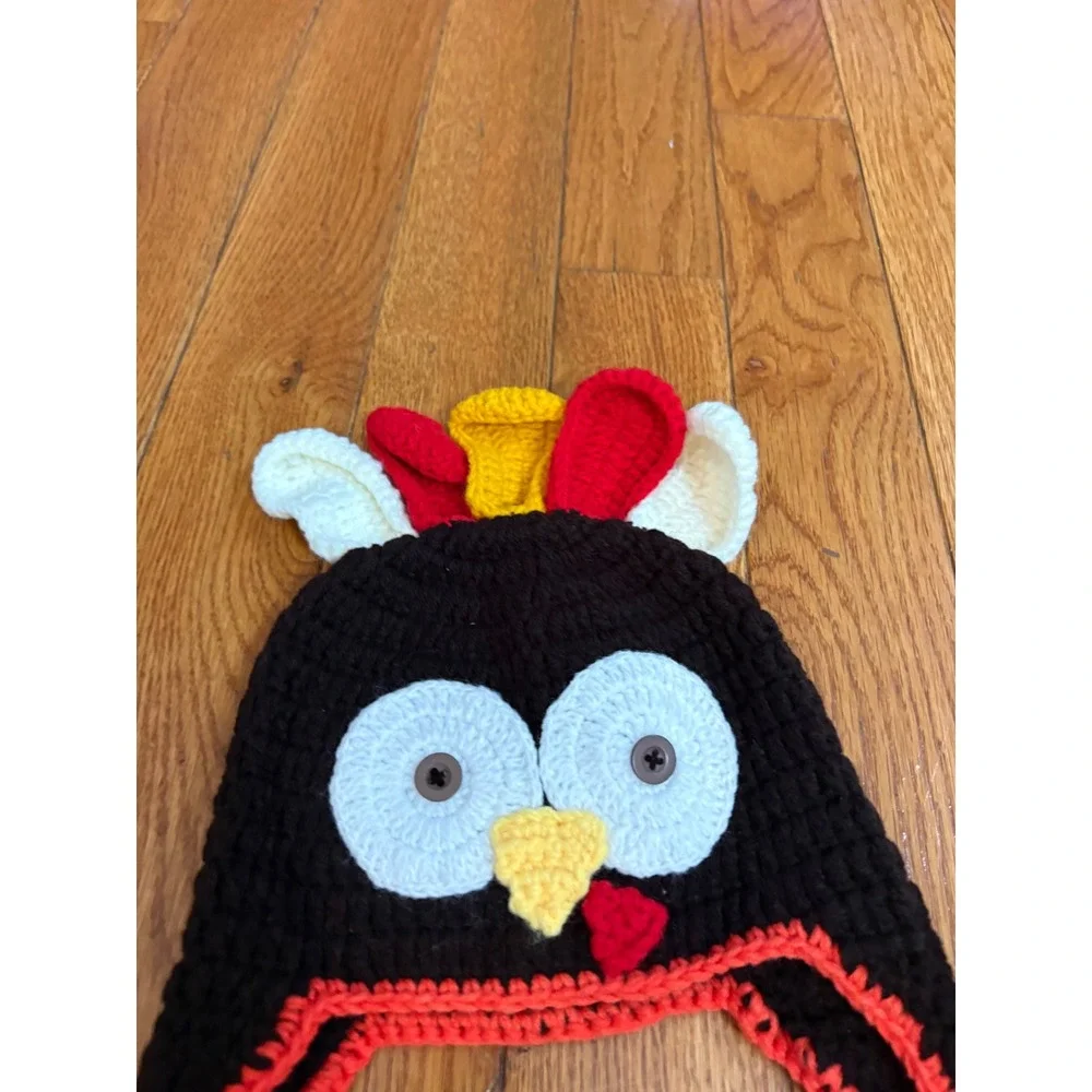 Handmade Crochet Turkey Beanie Kids Thanksgiving Knit Earflap Hat Brown Novelty